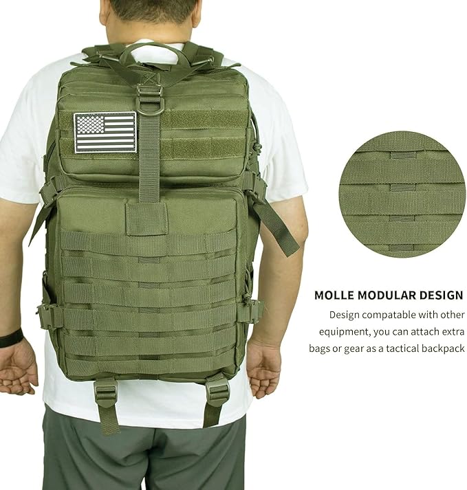 45L Military Tactical Backpack For Men Highland Assault Large Army Pack 3 Day Molle Bug Out Bag With Water Cup Bag Outdoor Camping Hiking Daypack Green Rucksack