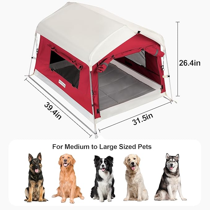 Dog Tent Cotton Fabric Aluminum Poles and Camping Mat Outdoor Weatherproof Dog House Outdoor Breathable with 2 Side Windows Portable and Collapsible (Red Large)