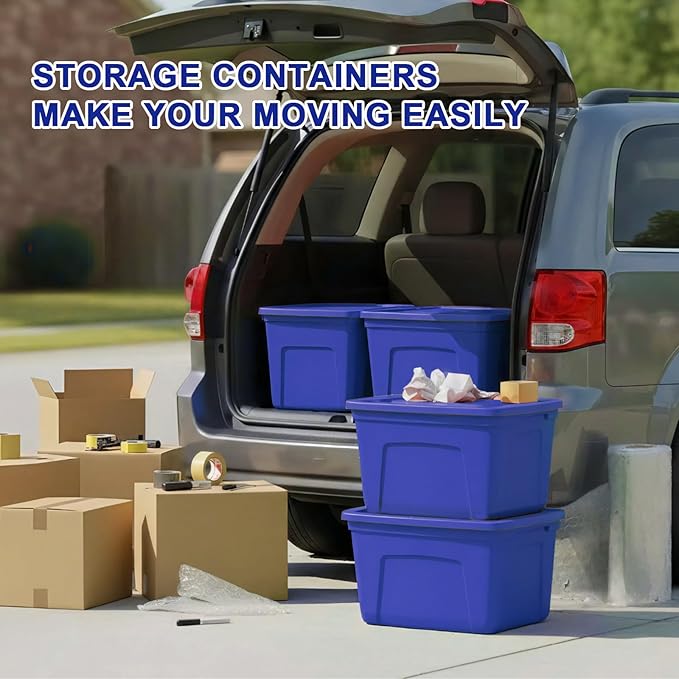 Storage Bins with Lids - Made in USA 18-Gallon (72-Quart) 4-Pack Storage Totes with Lids Plastic Stackable Containers Large Storage Boxes for Home and Office Organization Blue/Blue