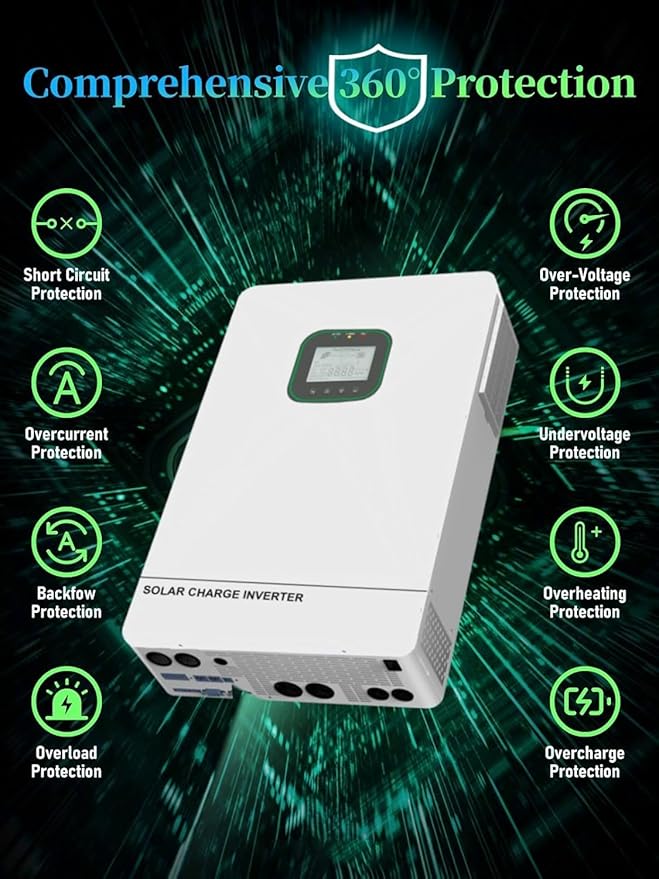 All in One 6500W Solar Hybrid Inverter Pure Sine Wave Inverter with Single PhaseMAX 6 Parallel Work with 48V DC to 110V AC Lead Acid/LiFePO4 for Home RVs (6.5KW-WiFi)