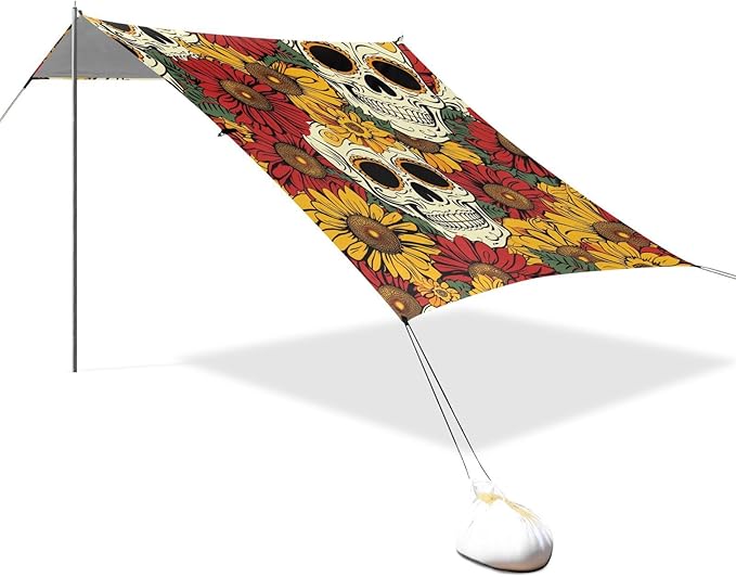 ALAZA Dia De Los Day of The Dead Muertos Skull Flower Seamless Beach Tent Sun Shelter Portable Canopy Sunshade for Outdoor Camping Picnics Backyard Fun 10x9 ft