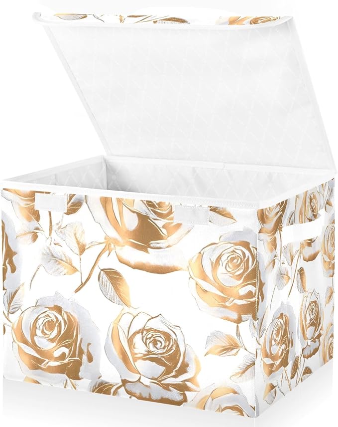ALAZA Gold Rose Storage Bins Organizer Box Baskets Lidded Clothes for Shelves Closet Collapsible Stackable Storage Cubes Handles