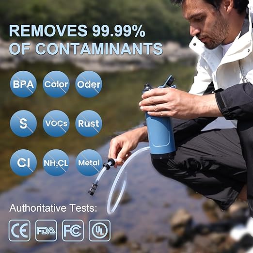 SurviMate Electric Water Purifier SurvivalPortable Water Filter Bottle for Survival0.01μm 22 Ounces with Emergency Lighting NSF/ANSI 42&amp372 CertifiedBottle with Filter for Hiking Camping Tra