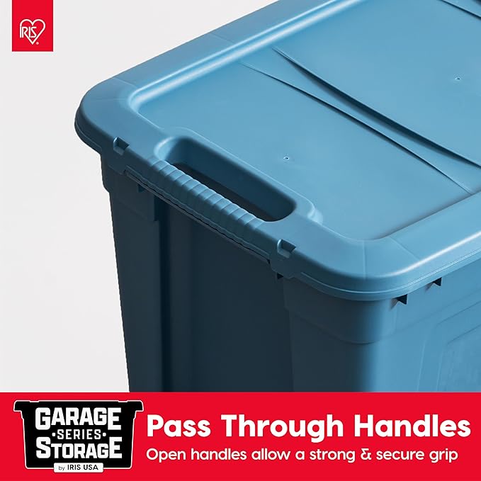 IRIS USA 31 Gallon Eco-Friendly Heavy Duty Storage Totes with Easy-Grip Handles 4 Pack - Large Bins with Lids Garage Organizing Tubs Durable Stackable Utility Containers Made in USA - Navy