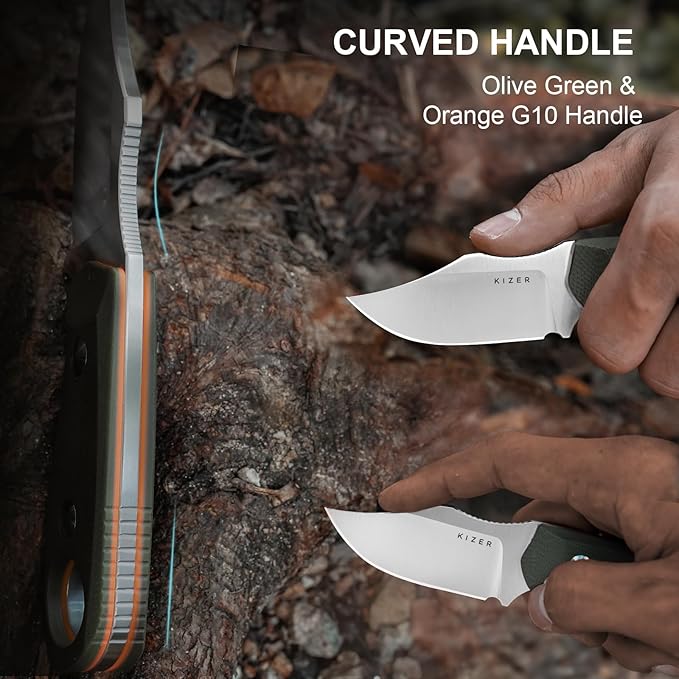 Kizer Beaver 2 Fixed Blade Knife 2.75 AEB-L Clip Point Blade Small EDC Hunting Knife with Olive Green &amp Orange G10 Handle Neck Knives with Sheath for Hunting Camping Survival Fishing 1078M4