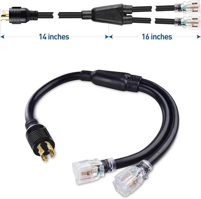 Cable Matters LED-Lit 4 Prong 30 Amp to 15 Amp Adapter for Generator - 30 Inches NEMA L14-30P to 2X 5-20R 30A to 110 Adapter Splitter