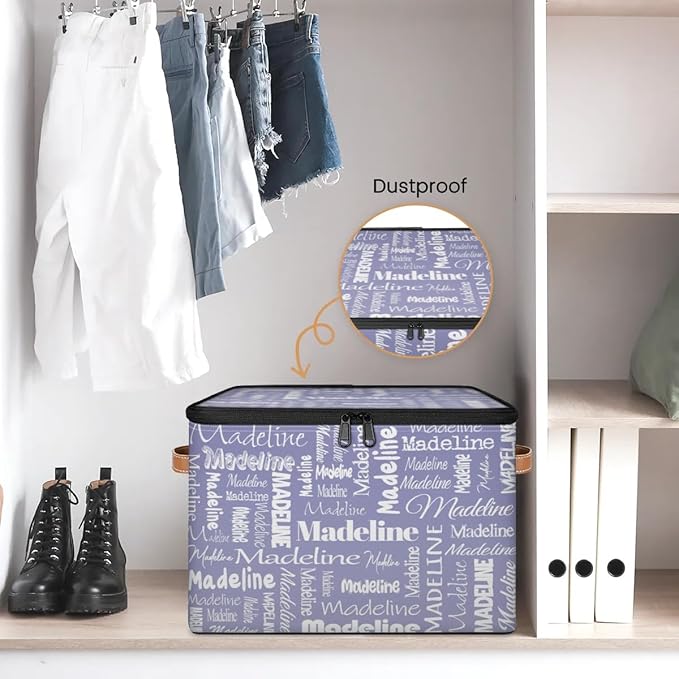 Custom Storage Basket with Name Personalized Keepsake Box with Zipper Lid Foldable Fabric Memory Bin Large capacity with Handle Haze Purple