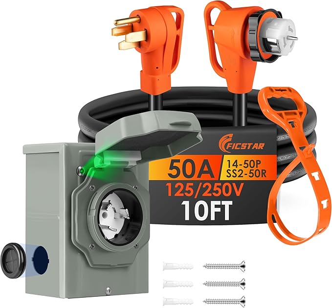 10FT 50 Amp Generator Cord and Power Inlet Box Kit NEMA 14-50P to SS2-50R Generator Extension Cord Pre-Drilled 50 Amp Generator Inlet Box with STW Wire 125/250V 12500WUL&ampETL Listed