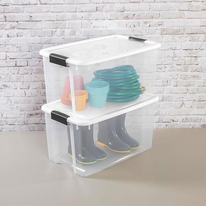 Sterilite 4 Sets of 70-Quart &amp 6 Sets of 18-Quart Heavy-Duty Stackable Storage Container Tote Clear Base w/White Latch lid for Home Organization