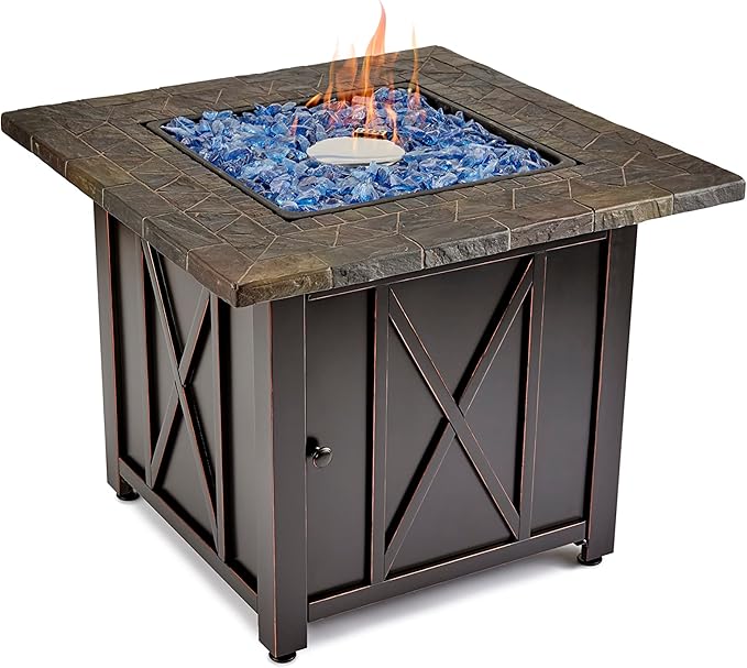 Endless Summer 30 Inch Square 30000 BTU Liquid Propane Gas Outdoor Fire Pit Table w/Push Button Ignition Blue Fire Glass &amp Steel Fire Bowl Bronze