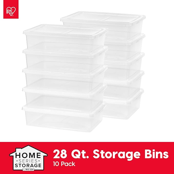 IRIS USA 10-Pack Storage Bins with Lids 28 Quart Shoe Boxes Clear Stackable Containers Organize Shoes Closet Shelves Classroom Organization Teacher Tools Game Storage - BPA-Free Plastic
