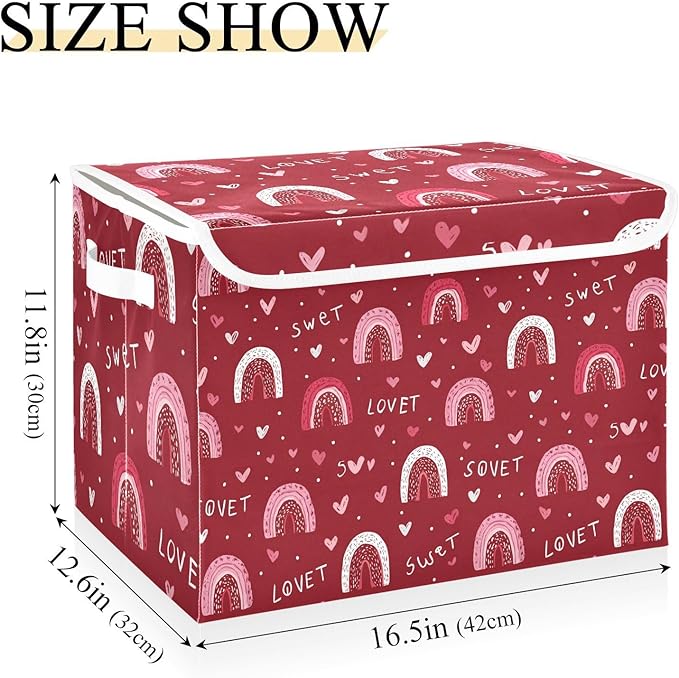 Valentine Hearts Rainbows Red Storage Box with Lid 1 PC Foldable Storage Bin with Lids Stackable Storage Bins Cube Closet Organizer Basket with Flip-Top Lid &amp Handles for Shoes Books Towels