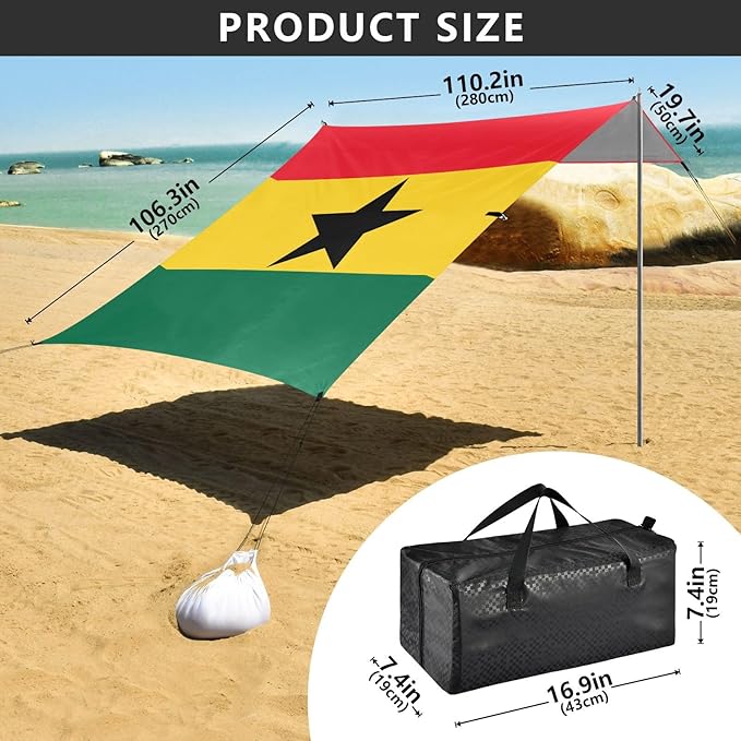Ghana Flag Ghanaian National Foldable Beach Tent UPF50+ Protection Easy Setup Large Sun Shelter with Sandbags &amp Sand Shovel for Camping Trips Fishing Backyard Fun or Picnics