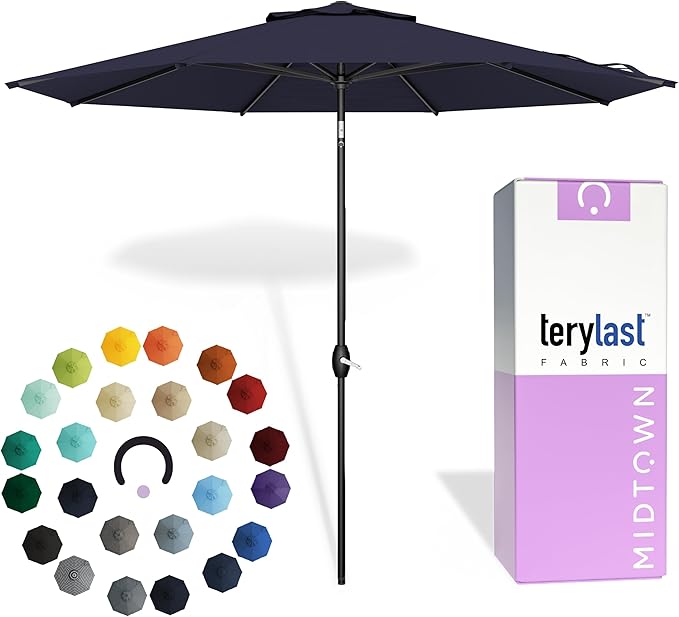 Midtown Umbrellas - 10-Year-No-Fade 9 Ft Patio Umbrella with Terylast Fabric Auto-Tilt Aluminum Frame and 8 Reinforced Ribs for Deck Pool Garden &amp Beach - Navy Blue Canopy Black Pole