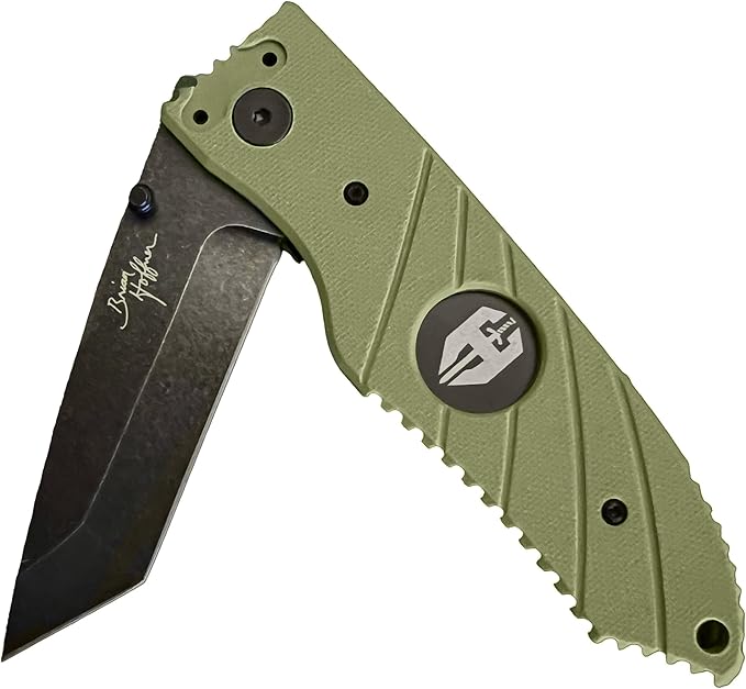 HOFFNER 3.5 EDC Folding Knife with Pocket Clip VG10 Japanese Stainless Steel Black Acid Washed Tanto Blade - (Flatline Olive Medium Texture Grip) - Camping Hiking Outdoor Survival
