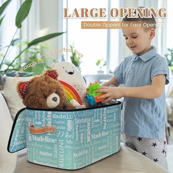 Custom Storage Basket with Name Personalized Keepsake Box with Zipper Lid Foldable Fabric Memory Bin Large capacity with Handle Grey Blue Green