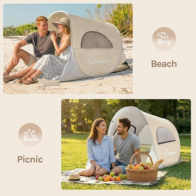 Wolfwise Pop up Beach Tent Sun Shelter with UPF50+ UV Protection Instant Easy Setup Popup Beach Shade Canopy for 2 Person Portable &amp Foldable with Carring Bag 79 ×49×38 in Beige