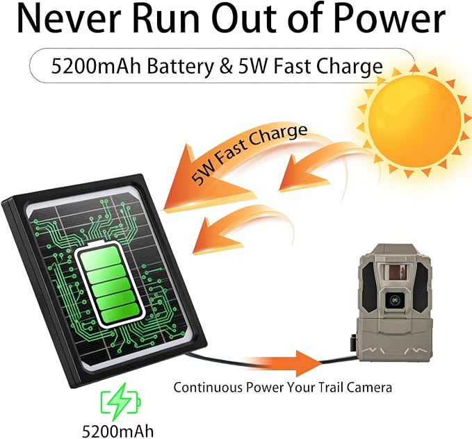 5W Solar Panel for Trail Camera 12V 6V Solar Battery Charger Kit with 5200mAh Rechargeable Battery Waterproof Hunting Accessory for Game Camera &amp Wildlife Camera