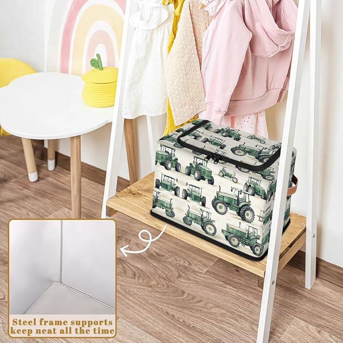 Tractor Truck Storage Bins with Zipper Lid Collapsible Fabric Storage Basket with Leather Handles Closet Shelf Cloth Organizer Basket for Nursery Bedroom Clothes Toy