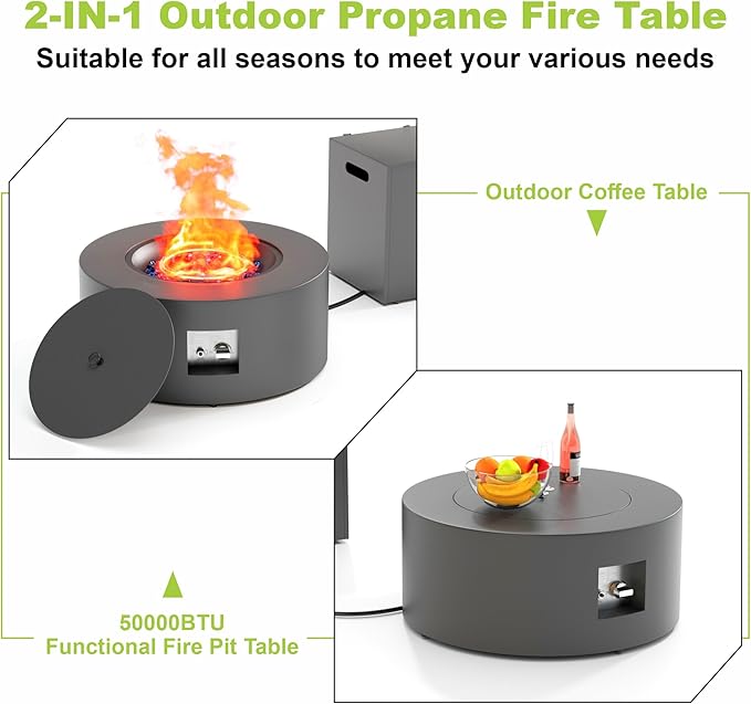 30 Round Propane Fire Pit Table - 50K BTU with Lid Rocks Tank Storage and Cover - Round Gas Fire Pits for Outside Patio - Outdoor Table with Firepit (Grey 30 Round)