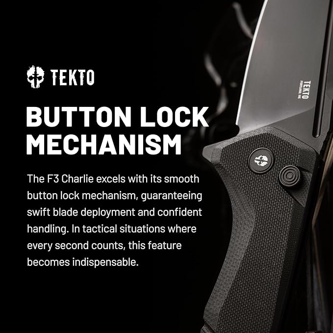 TEKTO F3 Charlie Button Lock Folding Knife Oversized Fine Edge Blade - Easy Open Pocket Knife with Titanium Coated D2 Steel &amp Black Titanium Barrel Spacers