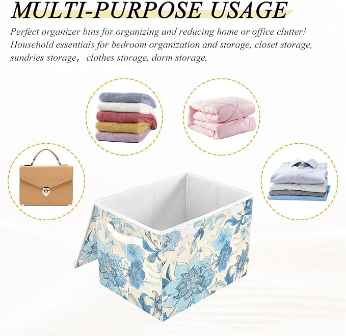 Blue Line Flowers Lidded Storage Bins with Handles - 16.5x12.6x11.8 Foldable Organizing Box Oxford Fabric &amp Honeycomb Board Dust-Proof Flip Lid for Closet/Office