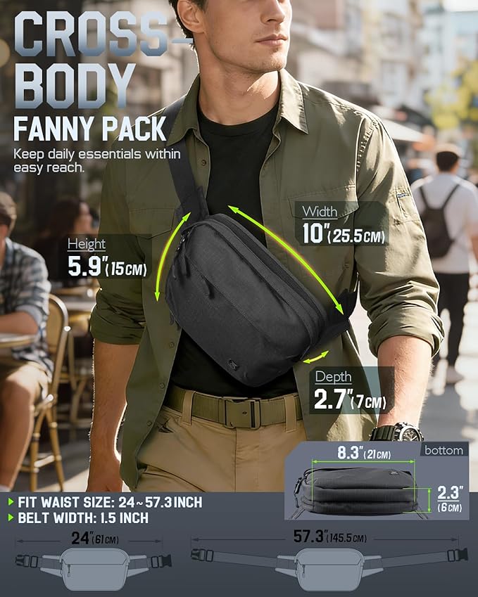 Large Tactical CCW Fanny Pack for Men Women Security Carry EDC Crossbody Bag Anti Theft Waist Bag for Hiking Hunting Running (Adjustable Up to 57 Waist Includes 1 Holster)