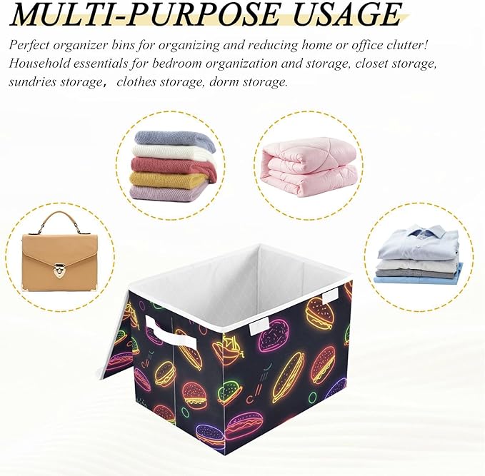 Collapsible Storage Bins with Lids Decorative Fabric Storage Cubes Closet Organizer and Storage Basket Boxes Containers for Clothes Box Chest Nursery Folding Rectangle Neon Burgers Black