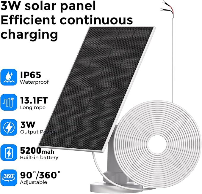 Solar Charger with 5200mAh Built-in Battery for Ring Doorbell 4W Continuous Power Solar Panel Compatible with Ring Battery Doorbell Plus/Pro &amp Video Doorbell 4/3/3 Plus 13.1Ft Charging Cable