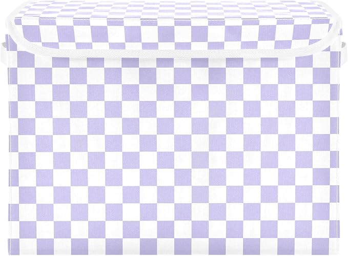 Light Purple Checkerboard Storage Baskets Lidded Bin Foldable Storage Boxes Cubes Lids with 2 Handles for Organizing Closet Home Office