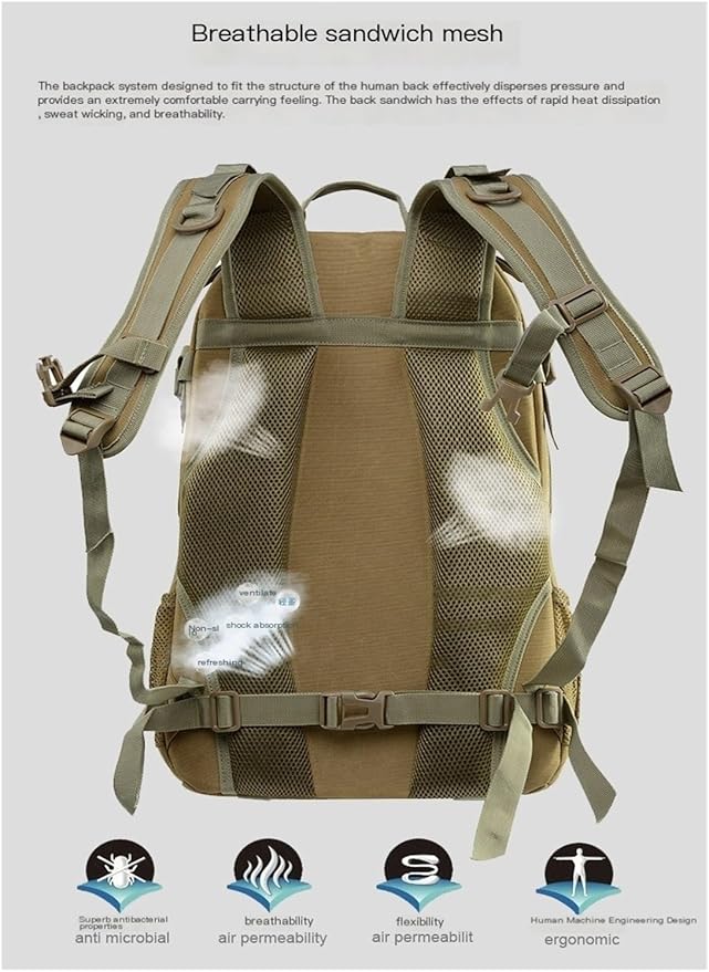 35L Military Tactical Backpack Waterproof Hiking Bag Breathable Rucksack(Camel grey)