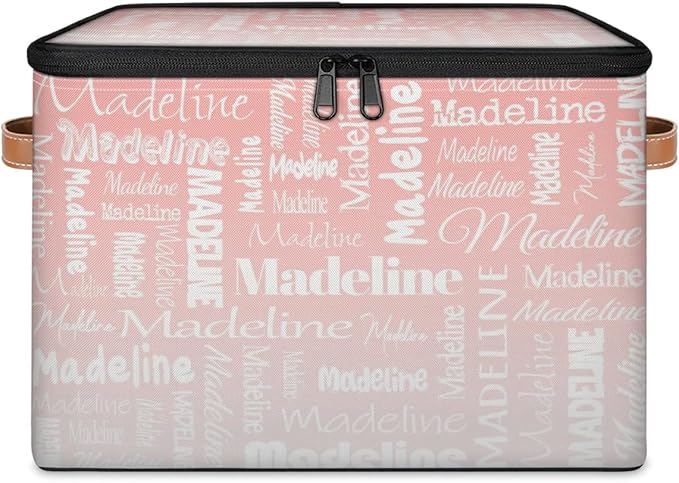 Custom Storage Basket with Name Personalized Keepsake Box with Zipper Lid Foldable Fabric Memory Bin Large capacity with Handle Pink White