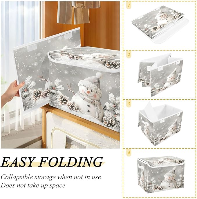 senya Christmas Baskets Collapsible Storage Bins with Lids Snowman Pine Cones Snowflake Storage Boxes Clothes Baskets for Organizing