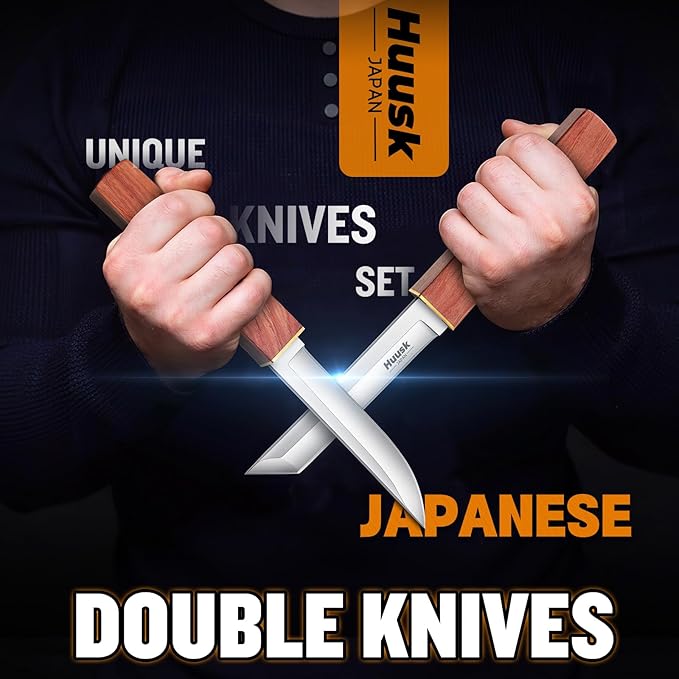 Huusk Camping Knife 2 In 1 D2 Steel Fixed Blade Japanese Samurai Knife for Men Bushcraft Knives for Outdoor Hiking Fishing