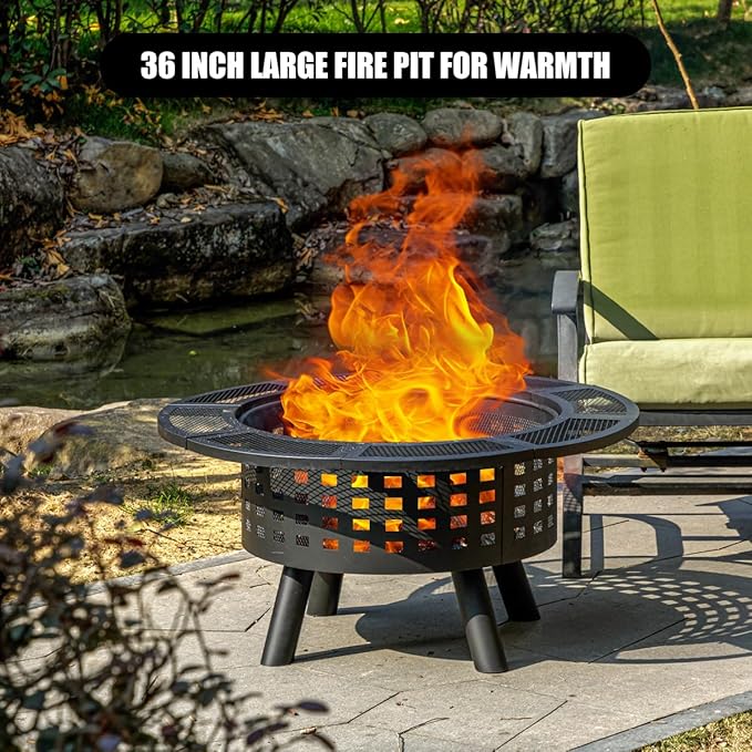 36 inch Outdoor Fire Pit with GrillWood Burning Fire Pits for Outside with Lid &amp Fire PokerMetal 3-in-1 Firepit Table with Cooking GrateOutdoor Firepit for YardBonfirePatio(Charcoal)