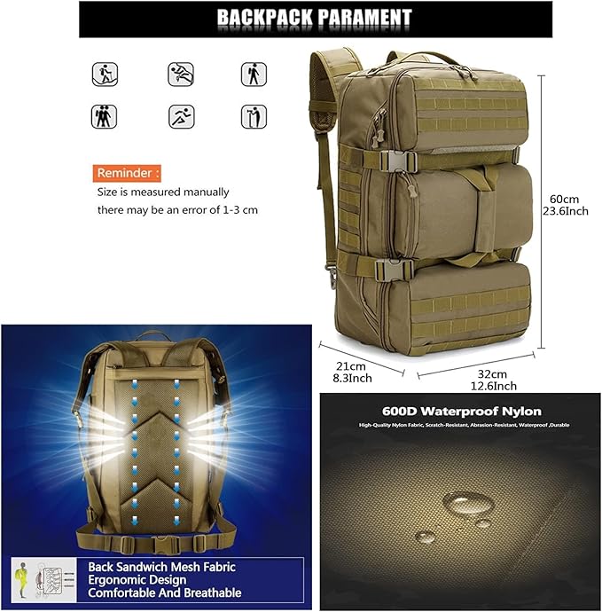 Military Tactical Backpack 60L Extra Large Waterproof Outdoor Hiking Backpack Men's Camping Backpack Hiking Duffel Bag for Hunting Hiking Fishing Climbing Travel Deserts (Color : D)