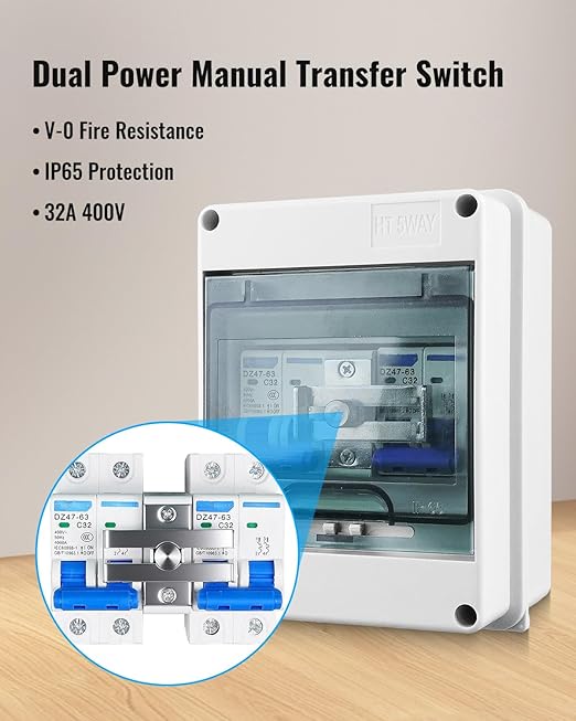 32A Dual Power Manual Transfer Switch Waterproof and Dustproof Distribution Box 2P Circuit Breaker and Slide Interlock Residential Industrial Generator Power Switching V-0 Flame-Retardant Case