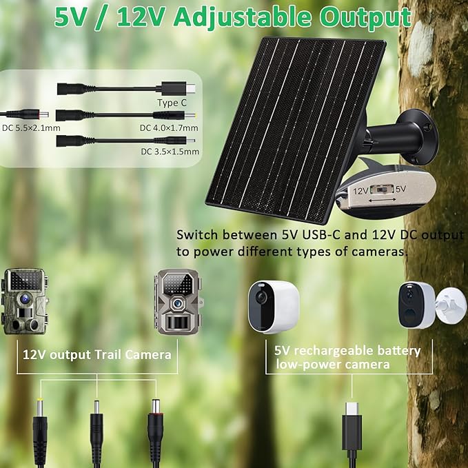 FUTUREZEN Solar Panel for Trail Camera 10W Solar Battery Charger with 10400mAh Battery 5V/12V Adjustable Output USB-C &amp DC Plugs IP66 Waterproof 360° Adjustable Mount 9.8ft Cable