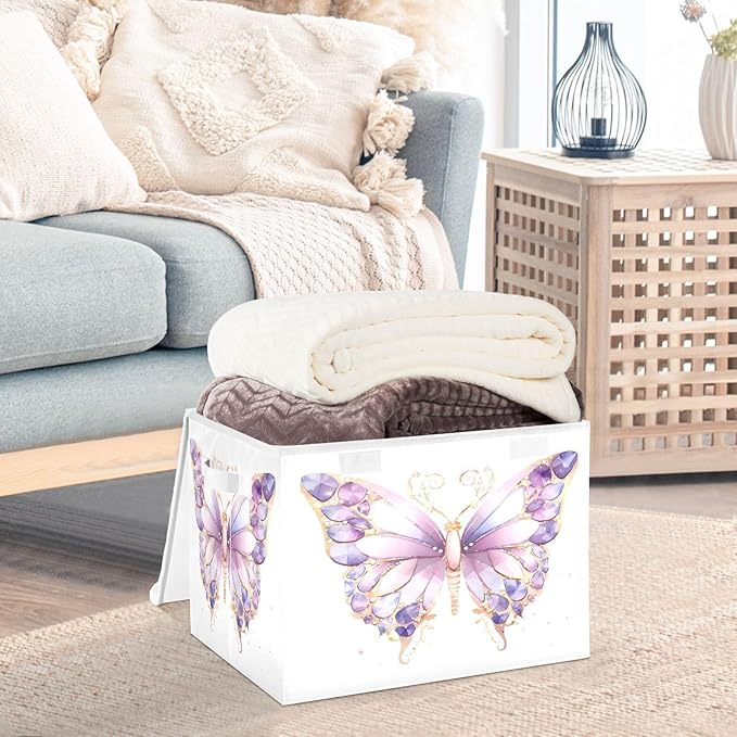 MNSRUU Containers Baskets with Lids Dreamy Purple Butterfly Foldable Storage Bins Organizer with Lid Collapsible Storage Boxes for Home Bedroom Closet Office