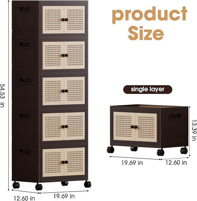 Foldable Plastic Storage Cabinet with Wheels Rattan-Style Doors Stackable Organizer with Magnetic DoorsStorage Boxes for Living Room Bedroom Office 5-Tier