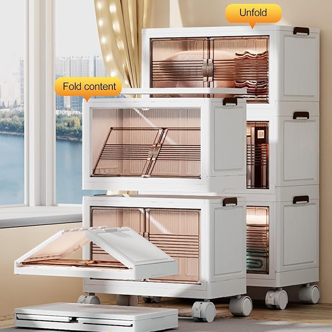 Closet Organizers 4 Tier Stackable Plastic Storage Bins with Lid Moveable Closet Storage Containers on Wheels Foldable Storage Box Cabinet Organizer for Home Office Pantry (3/4 Tiers)