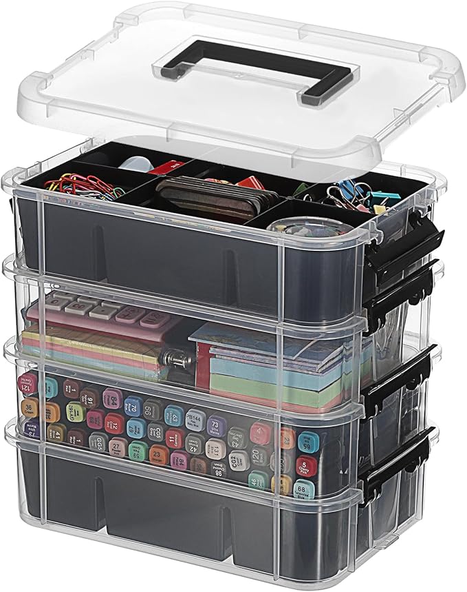 JUXYES 4-Tiers Stack Carry Storage Box With 2 Divided Tray Transparent Stackable Storage Bin With Handle Lid Latching Storage Container for School &amp Office Supplies Black