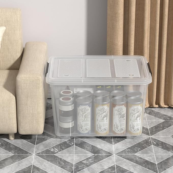 70 L Clear Storage Bin with Wheels Extra Large Plastic Latching Storage Box 4 Pack