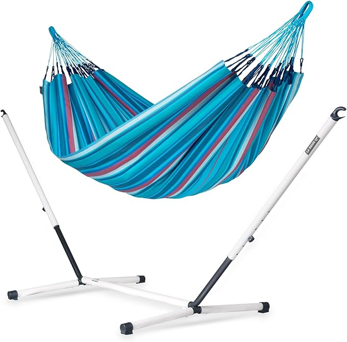 LA SIESTA® - Large Double Brisa Classic Hammock &amp Nautico Steel Stand - Weather &amp Tear Resistant Portable Hammock w/Stand - Balcony Porch Garden Outdoor Indoor Hammock - 2-Person Max 355 Lbs