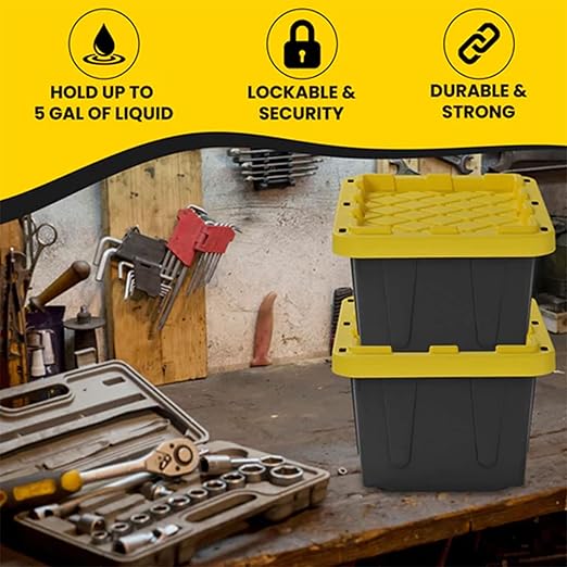 Juggernaut Storage 4 Pack Plastic Tote with Lid for Organization 5 Gallon Black/Yellow