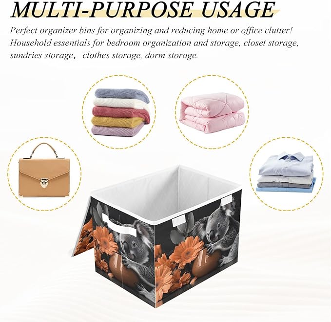 AIXIWAWA Lidded Storage Cube (Koala Floral) Fabric Foldable Closet Bins with Flip Lid and Handles Organizer Basket Container 16.5 x 12.6 x 11.8 IN