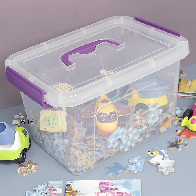 Clear Plastic Bin with Lid 6 Quart Latching Box with Purple Handle 6 Packs