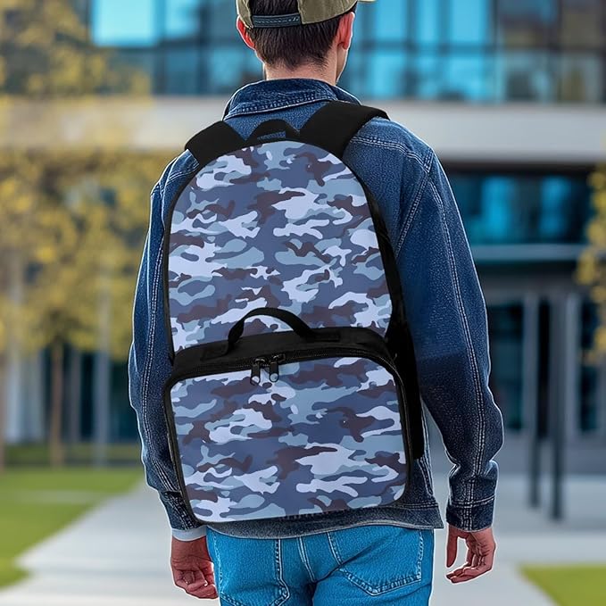 Blue Camo Backpack with Lunchbox Polyester Bookbag for Men Insulated Lunch Bag for Work Lightweight School Bag with Adjustable Shoulder Strap for Travel
