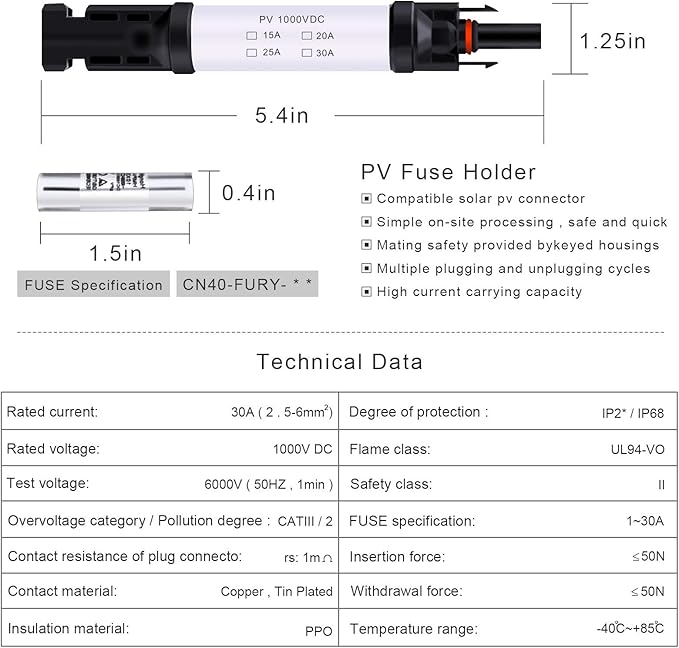 20A in-line Solar Fuse Holder Connector IP68 Waterproof 1000V Solar Fuse Holder 20A Male and Female Connector Waterproof in-Line Solar Fuse Holder (2 fuses + 1 Fuse Holder) (20A 1PC)