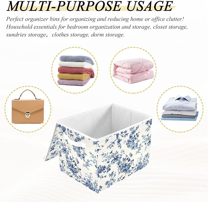 Texture Blue Flowers Large Storage Bins with Linen Foldable Storage Cubes Fabric Closet Organizer Containers box with Flip-Top Lid for Home Office Closet 16.5” x 12.6” x 11.8”